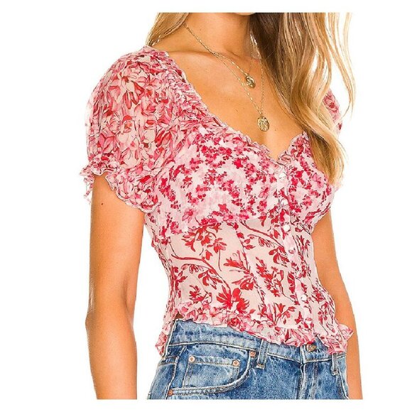 LoveShackFancy Bryant Top Silk Campfire Breeze Red Floral puff sleeve Size 10 - Picture 3 of 9